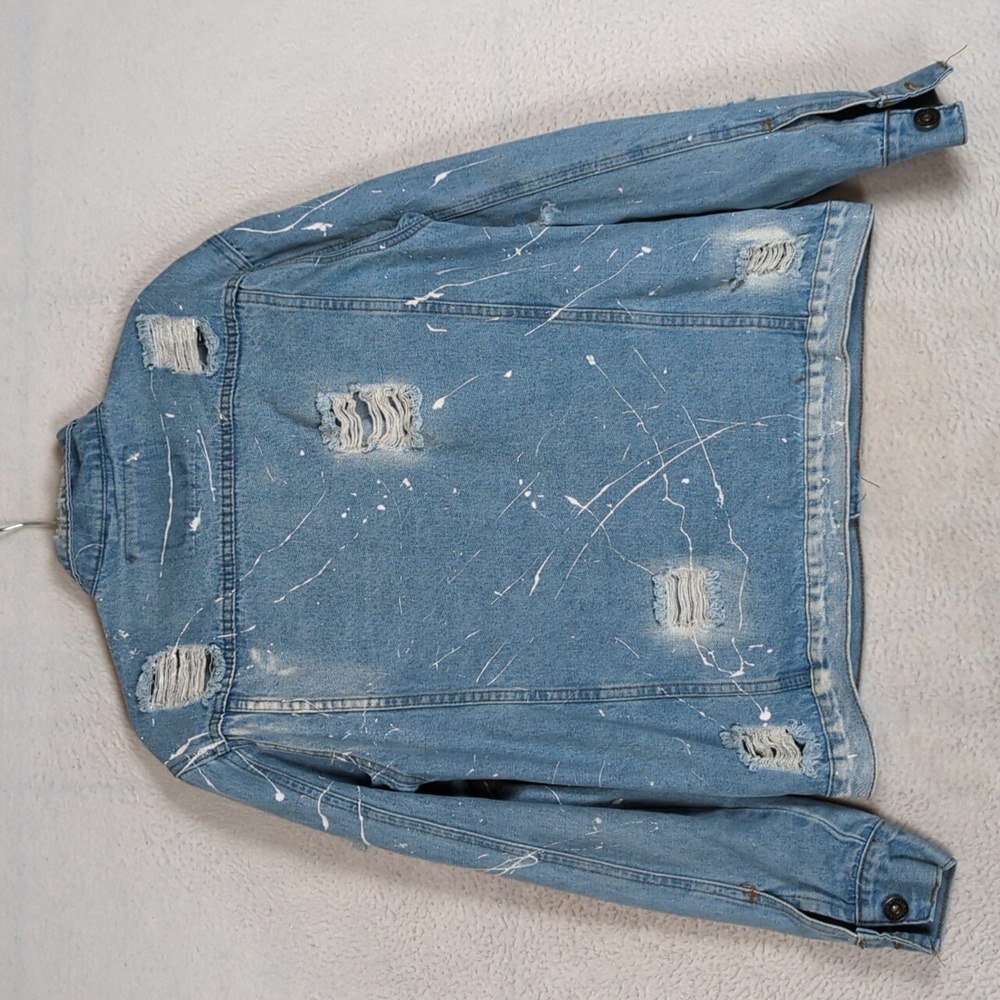 Rolling Paper Women's Blue Distressed Paint Flecked Denim Jacket Size‎ M - Picture 7 of 8